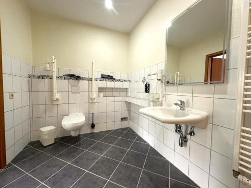 un bagno con lavandino, WC e specchio di Gästehaus Lietzow & Störtebeker Camp a Lietzow