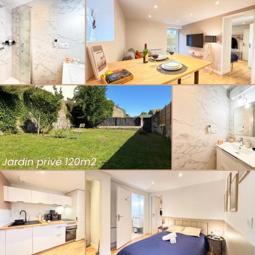 un collage de photos d'une cuisine et d'une maison dans l'établissement Le Saphir - Parking, Jardin Privé, Hyper-Centre & Calme, à Saint-Brieuc