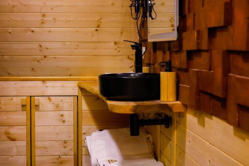 a bathroom with a sink on a wooden wall at IN CLOUDS RESORT Byurakan in Antarut