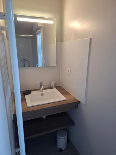 a bathroom with a sink and a mirror at Villa Evasion Soleil in Poussan