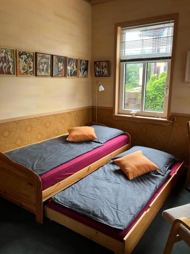 two twin beds in a room with a window at Wandergesellenzimmer mit Bad und Küche in Ilmenau