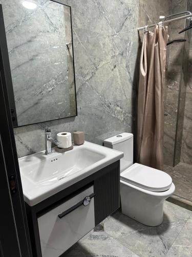 a bathroom with a sink and a toilet and a mirror at Hotel black sea in K'obulet'i