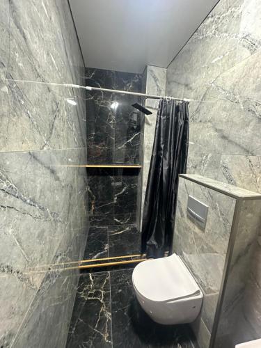 a bathroom with a toilet and a shower at Hotel black sea in K'obulet'i