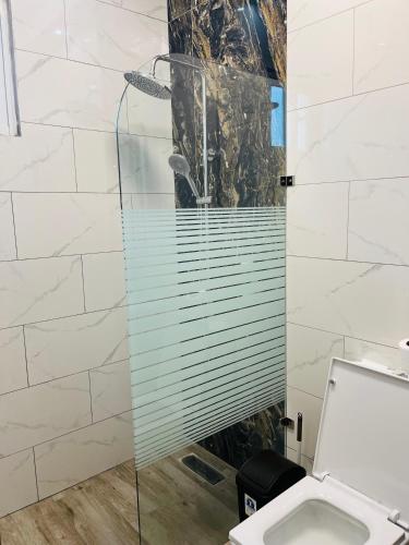 a bathroom with a glass shower with a toilet at The Beauty and The Beach in Nagua