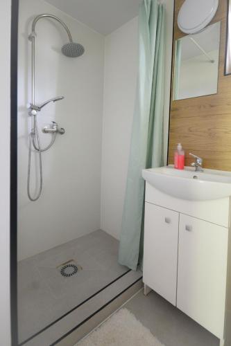 a bathroom with a shower and a sink at Chatka in Stegienka