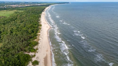 an aerial view of a beach next to the ocean at Baltic Forest in Kołobrzeg
