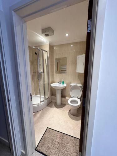 un bagno con wc, doccia e lavandino di Cozy En-suite double room near train station a Reading
