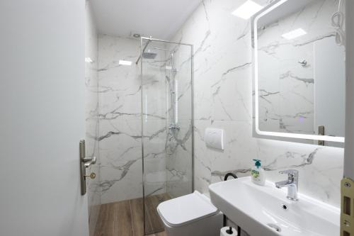 a bathroom with a shower and a toilet and a sink at Kashah Residence in Gjirokastër