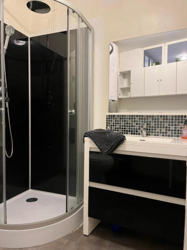 une douche en verre dans une salle de bain avec un lavabo dans l'établissement St Jean du Gard : Spacious Apartment with Use of Pool, à Saint-Jean-du-Gard