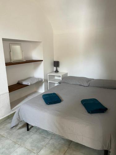 une chambre avec un lit avec deux oreillers bleus dessus dans l'établissement St Jean du Gard : Spacious Apartment with Use of Pool, à Saint-Jean-du-Gard