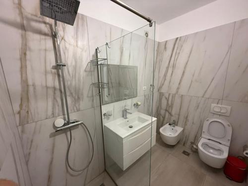 a bathroom with a shower and a toilet and a sink at AMA'S 1BR Ap 3 - Parking, Kitchen & Sea View in Himare