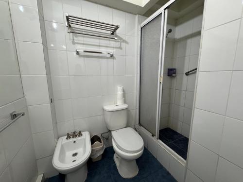 a white bathroom with a toilet and a shower at Intimo Hotel Miraflores in Santiago