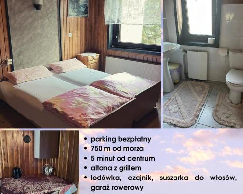 a bedroom with a bed and a toilet and a window at Anker Kotwica in Łeba
