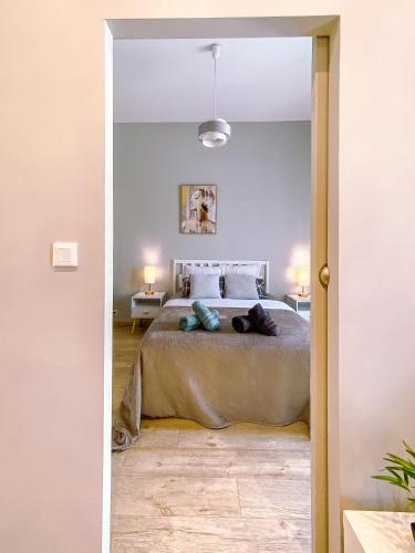 une chambre avec un grand lit avec deux oreillers dans l'établissement Confort & clim Logement 4 pers proche gare, centre et Polygone, à Béziers