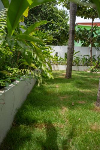 a yard with green grass and a white fence at Chalisa Villas Koh Tao in Koh Tao