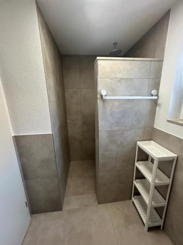een badkamer met een douche met een deur en een plankje bij Ferienwohnungen in Giengen an der Brenz in Giengen an der Brenz