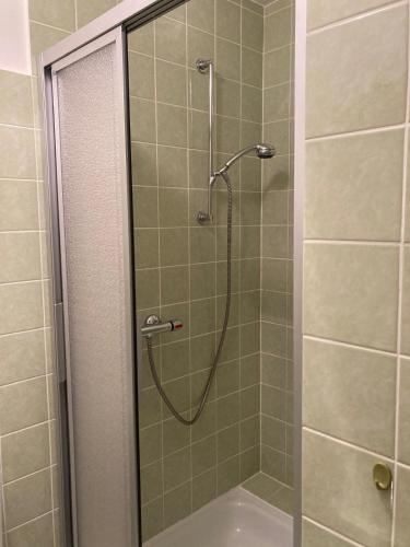eine Dusche mit Glastür im Badezimmer in der Unterkunft Francis Apartment am Mountainbike-Park in Winterberg