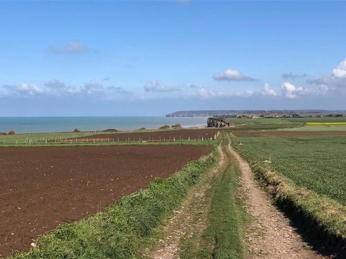 a field with dirt roads and the ocean in the background at Logement avec jardin à Sotteville-sur-Mer in Sotteville-sur-Mer