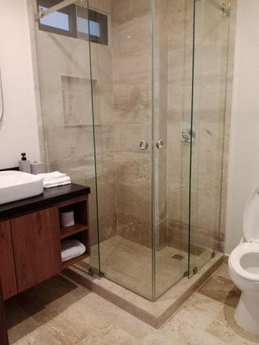 a shower with a glass door in a bathroom at Turix 103 in Puerto Morelos