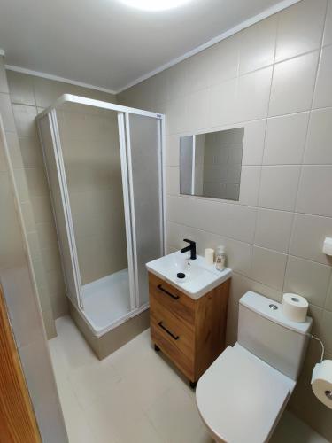 a bathroom with a toilet and a sink and a shower at Pod bocianim gniazdem in Stary Folwark