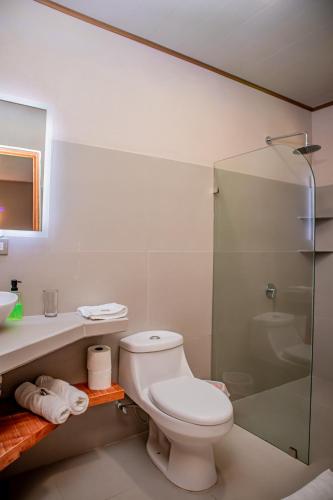 a bathroom with a toilet and a glass shower at Hotel del Bosque in Río Cuarto