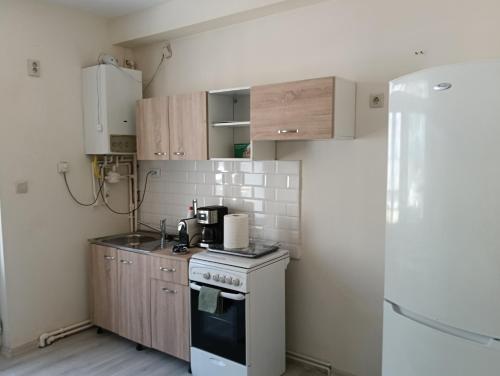 una pequeña cocina con fogones y armarios en Spital 1 cameră living, en Târgu Mureș