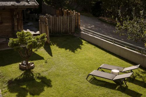 a garden with a bench and a tree in the grass at Naturhotel Rainer in Racines