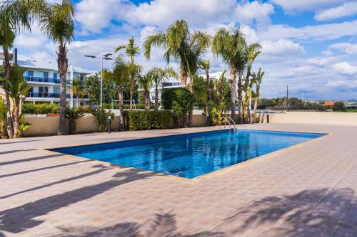 Kitiにある2BR Apartment with Amazing View and Pool in Kitiのヤシの木と建物のあるプール