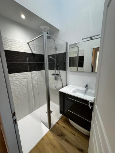 a bathroom with a shower and a sink at Maison pilotis 6 pers 50m mer in Les Moutiers