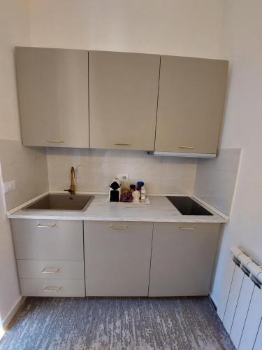 a small kitchen with white cabinets and a sink at Alba Vera 5 Terre in La Spezia