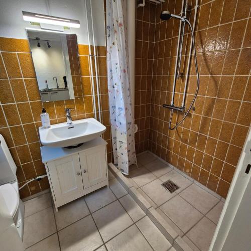 a bathroom with a sink and a shower at Studiolejlighed I Hvide Sande Centrum in Hvide Sande