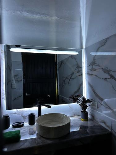 a bathroom with a sink and a mirror at Caribbean View in Tortuguero