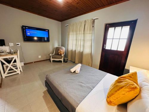 a bedroom with a bed and a tv and a chair at Aruwaa in East London