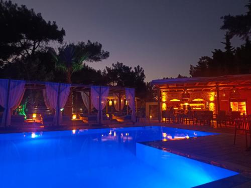 una piscina di fronte a una casa di notte di Trees Art Hotel & Suites a Ixiá