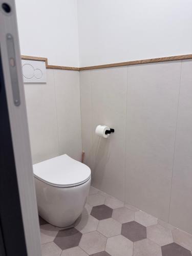a bathroom with a toilet and a roll of toilet paper at MA PI B&B Room Boutique in Ferentino