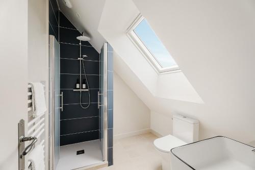 ポントルソンにあるLa Mer - Appartement calme et douillet à 5km du Mont St Miche - Wifi - Netflixのバスルーム(トイレ、天窓付)