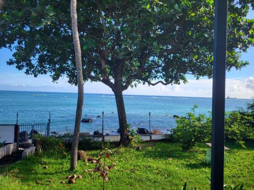a view of the ocean from a house at La maison bleue pieds dans l'eau in Petite Verger