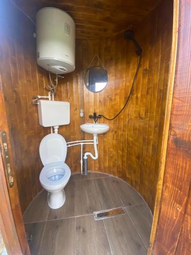 Un baño pequeño con inodoro y lavabo. en Durmitor Barrels, en Žabljak