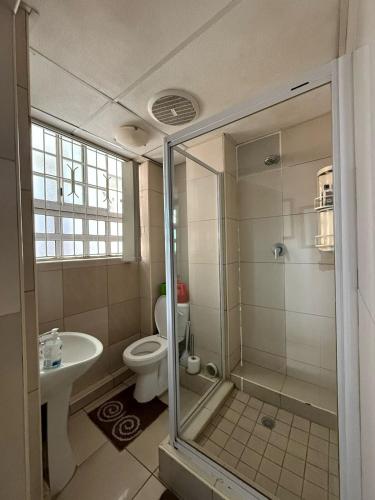 ein Badezimmer mit Dusche, Toilette und Waschbecken in der Unterkunft Durban Beach flats Marine Parade in Durban