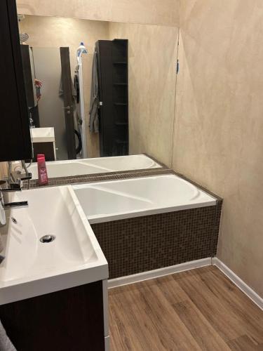 Un baño con una bañera grande y un lavabo. en Luxusní apartmán v centru Jihlavy, en Jihlava