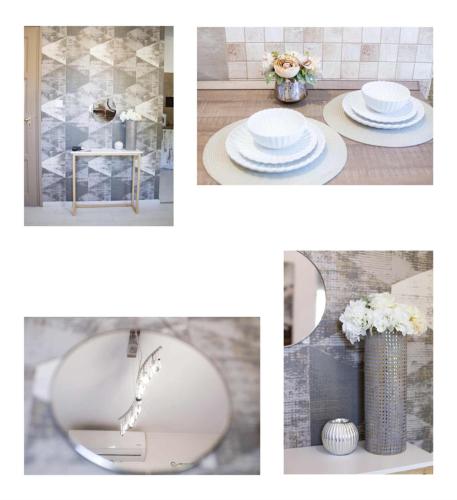 a collage of pictures of a table with white plates at R.Gold Apartman in Makó
