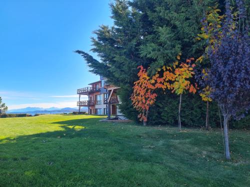 a house on a hill with trees in front of it at Blue Aparts Dina Huapi Bariloche in Dina Huapi