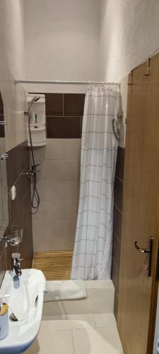 a bathroom with a shower curtain and a sink at House Zaterini in Korenica