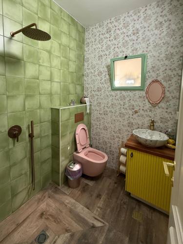a bathroom with a pink toilet and a sink at Matilda's house in Majdal Shams