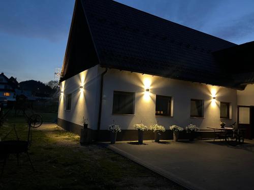 a white building with lights on the side of it at Apartamenty u Petuski in Szaflary