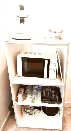 Un four micro-ondes est installé au-dessus d'une étagère blanche. dans l'établissement Nouvel Oasis Toulouse Saint Cyprien, à Toulouse