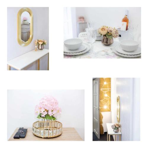 a collage of photos of a bathroom with a table with flowers at R.Gold Apartman in Makó