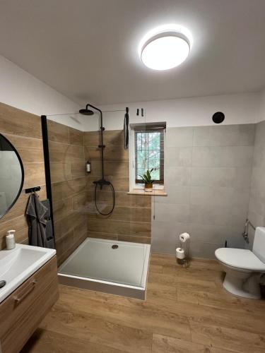 a bathroom with a tub and a toilet and a sink at Siedlisko Kaczory in Leśniewo