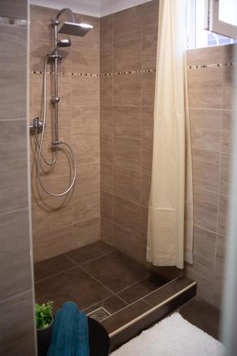 a bathroom with a shower with a shower curtain at R.Gold Apartman in Makó