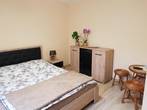 a bedroom with a bed and a table and chairs at Noclegi u Agnieszki in Jarnołtówek